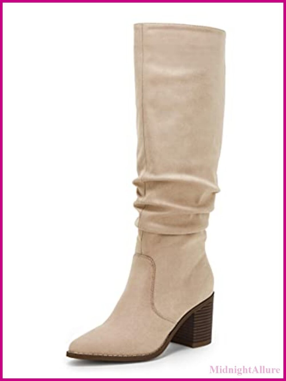 Faux Suede Knee High Boots Pointed Toe Chunky Heel Side Zipper Wide Calf